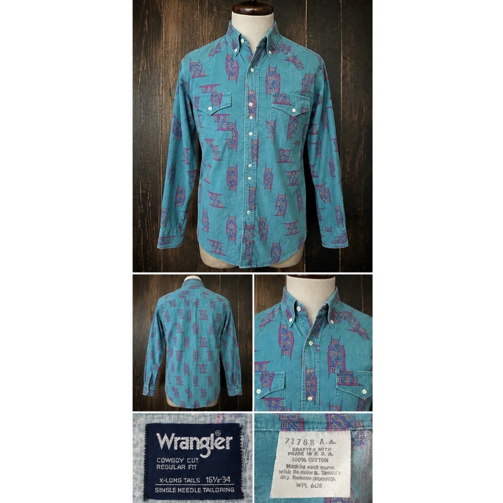 Vintage Wrangler Cowboy Cut Shirt 16.5 34 Southwestern Made USA Teal 71768 AA